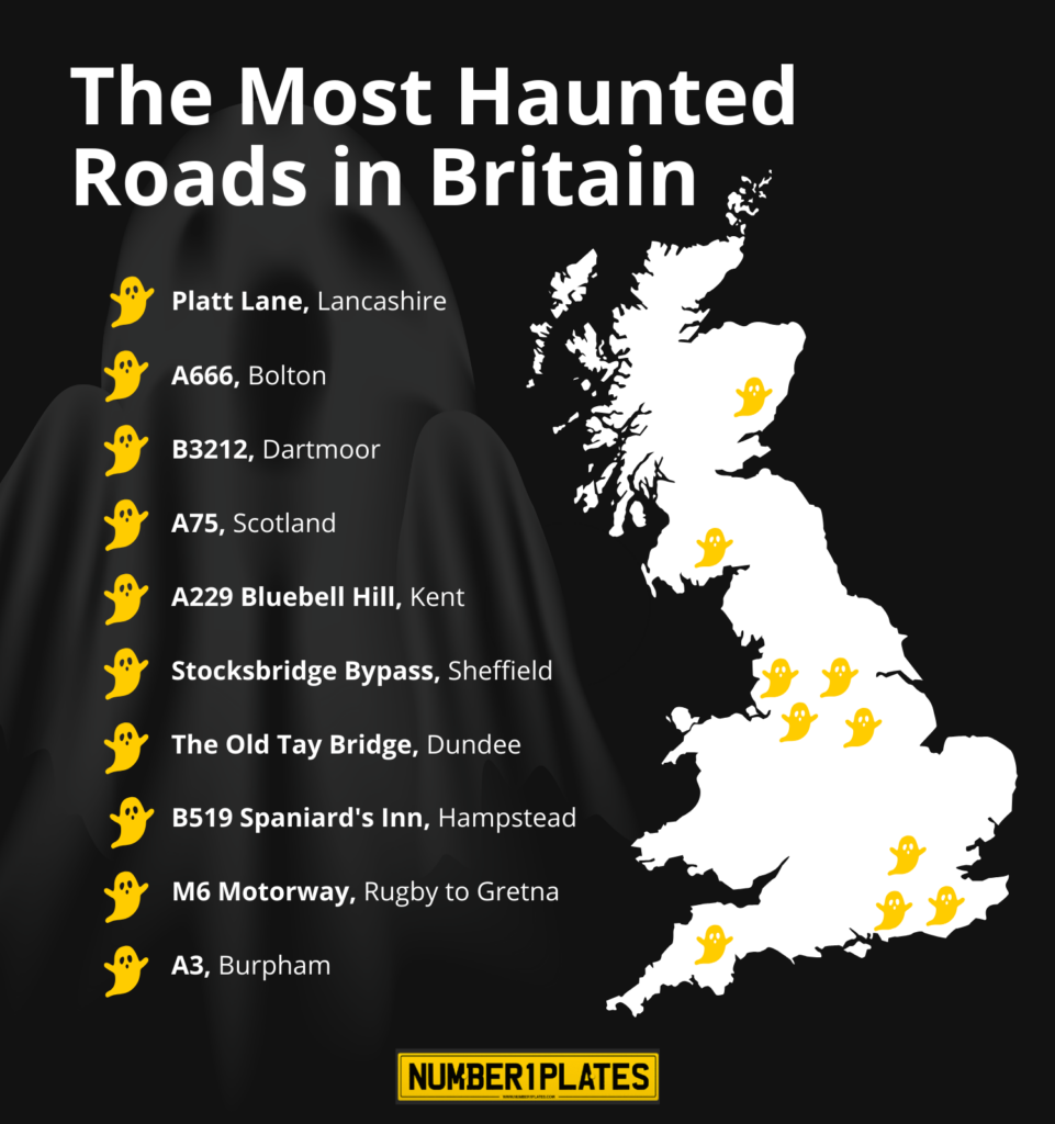 An infographic listing to most haunted roads in Britain. The graphic shows a map with yellow ghost icons showing the locations.